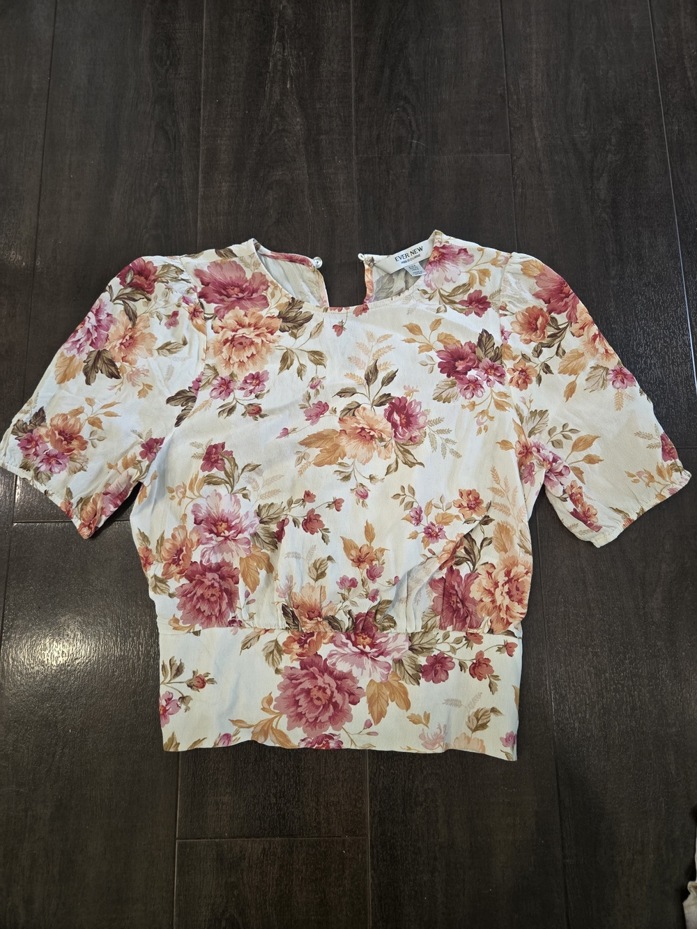 Ever New White Floral Puff-Sleeve Crop Top with Pink & Peach Blooms